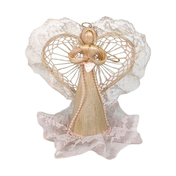 Vintage Fiber Angel Ornaments - Handmade Lace & Straw Christmas Decor - Picture 3 of 5